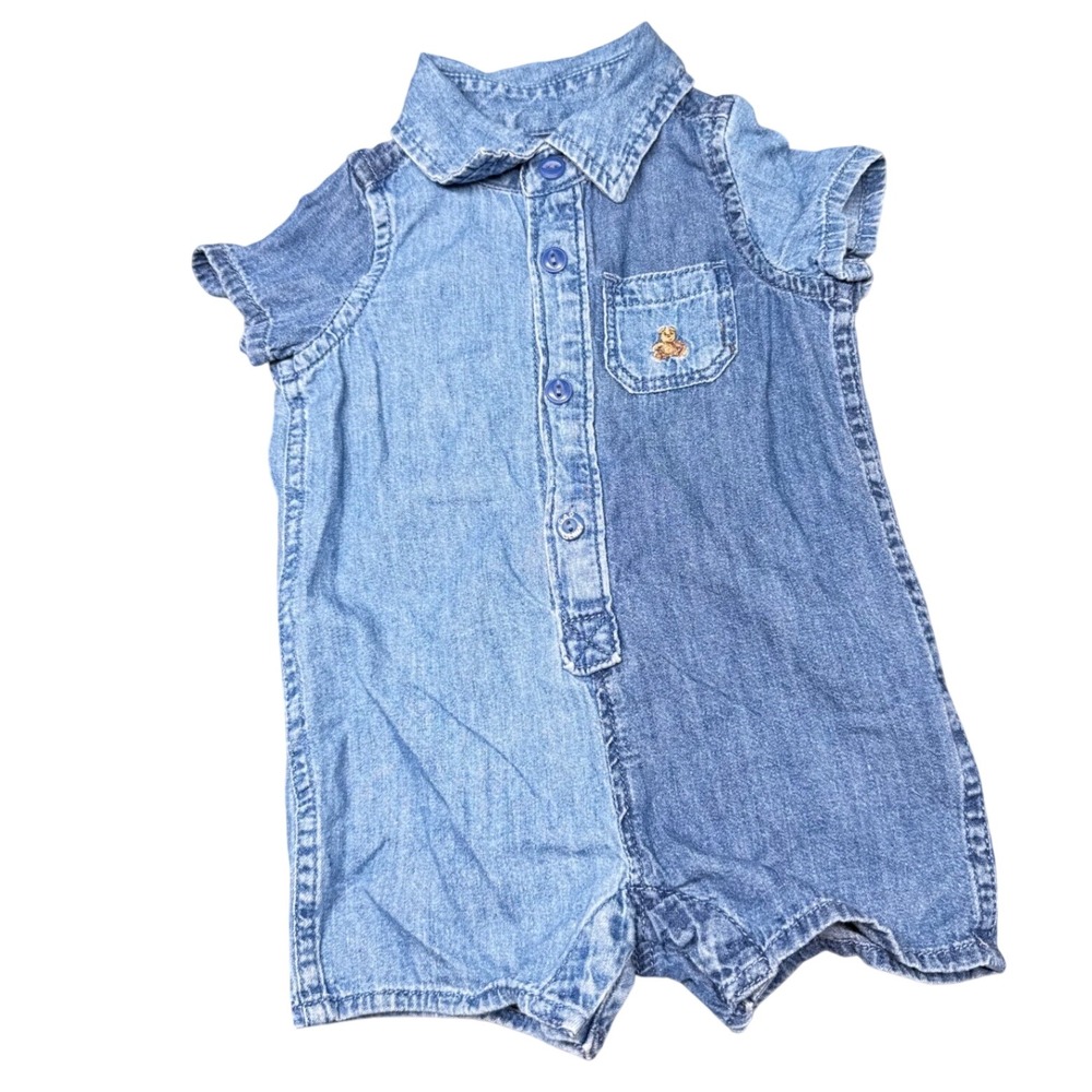 Baby Gap Denim Bubble Romper 0-3M Chambray Teddy Bear Pocket One Piece